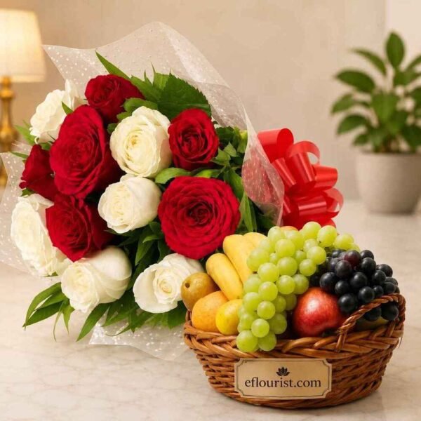 A gift basket with fresh seasonal fruits and a bouquet of roses to send gifts to Lahore.