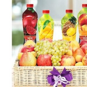 Assorted fresh fruit and juice basket for online gift delivery Lahore.