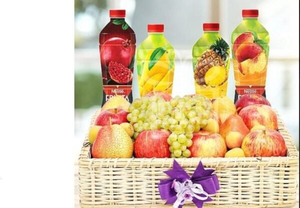 Assorted fresh fruit and juice basket for online gift delivery Lahore.