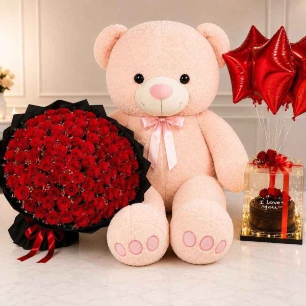 A giant teddy bear and rose bouquet gift set available for Gift delivery Lahore.