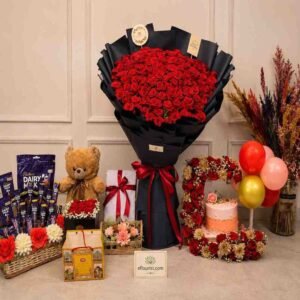 A grand rose bouquet and gourmet gift collection for premium gifts Lahore.