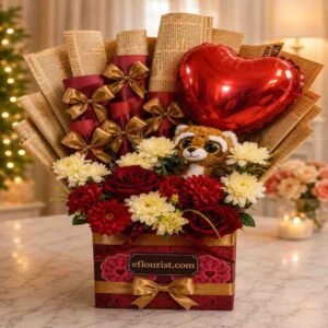 Heart-shaped balloon and plush toy arrangement for online gift delivery Lahore.
