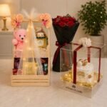 Wooden gift stand and clear acrylic box for a memorable birthday surprise delivery Lahore.