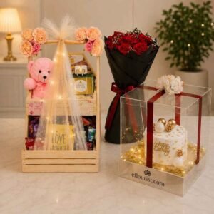 Wooden gift stand and clear acrylic box for a memorable birthday surprise delivery Lahore.