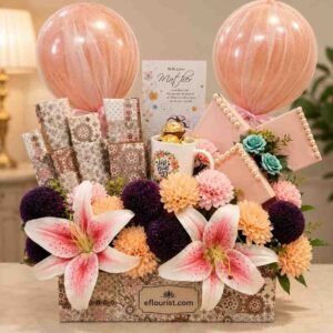 A luxury gift hamper featuring chocolates, a personalized mug, and flowers, available for premium gift delivery Lahore.