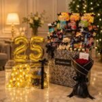 Luxurious birthday surprise in Lahore with snacks, cake display, and flowers.