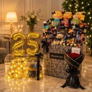 Luxurious birthday surprise in Lahore with snacks, cake display, and flowers.