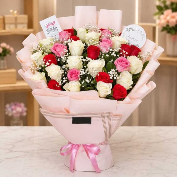 A vibrant mixed rose bouquet for Birthday flower delivery Lahore