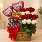 A gift basket containing flowers, chocolates, and balloons as gifts for mom Lahore.