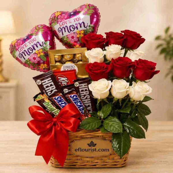 A gift basket containing flowers, chocolates, and balloons as gifts for mom Lahore.