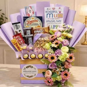 A beautiful Mother's Day gift hamper with flowers and chocolates available for delivery in Lahore.