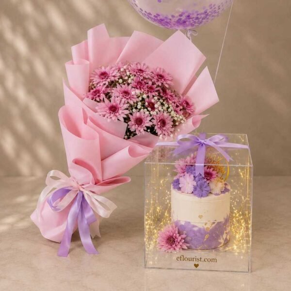 Pastel bouquet and cake display from our gift shops in Lahore.