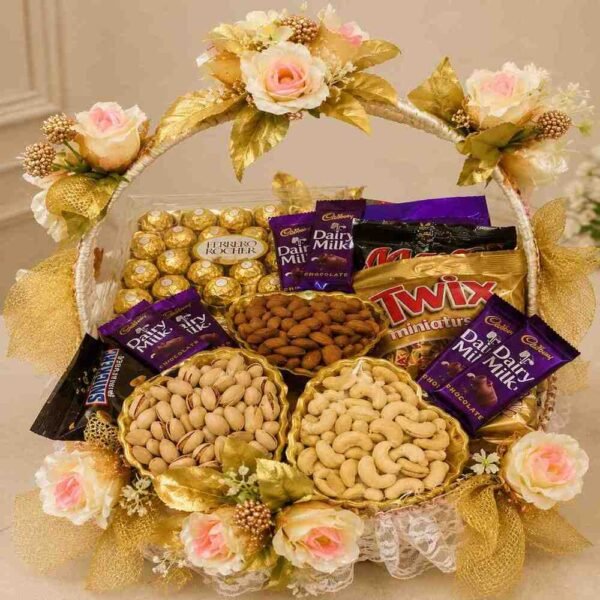 Elegant deluxe chocolate gift basket with assorted chocolates and nuts.