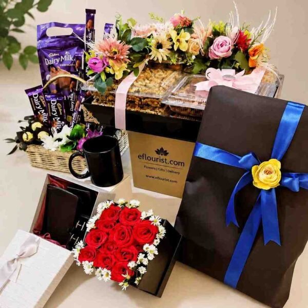 Premium gift hamper with chocolates and flowers for delivery in Lahore.