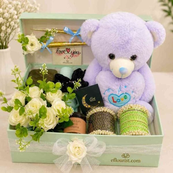 Festive Purple Teddy Eid Gift box designed as Eid gifts for her.