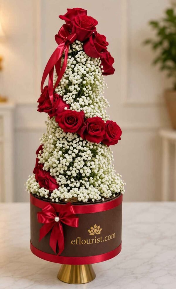 Spiral red rose floral tower centerpiece for professional flower delivery in Lahore.