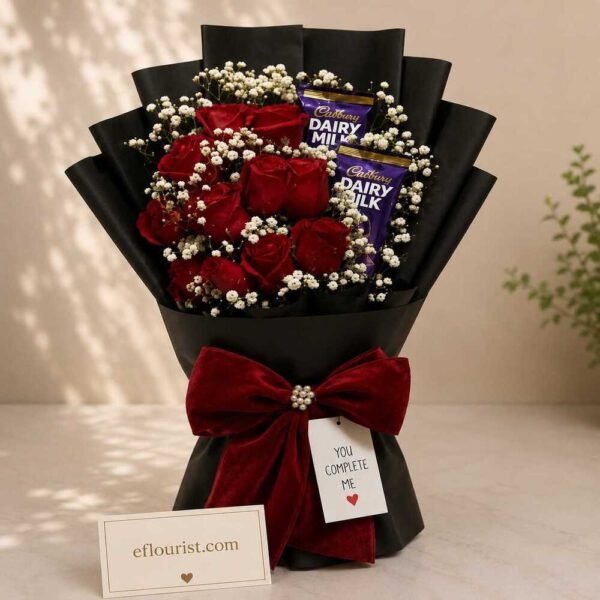 Elegant rose and chocolate bouquet, ideal when you send gifts Pakistan.