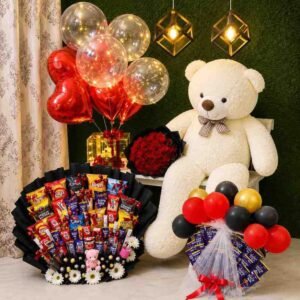 A grand gift combo featuring a giant teddy bear and snack bouquets for Gift delivery Lahore.